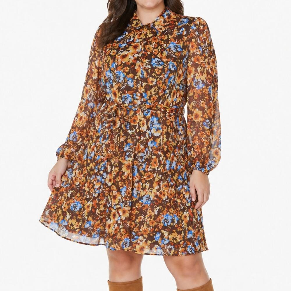 Julia Jordan Floral Chiffon Dress Womens 12 Brown Blue Tie Neck Long Sleeve